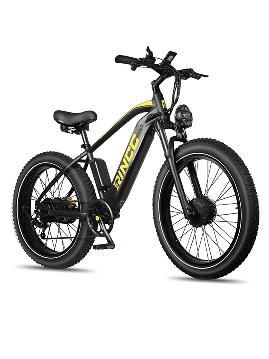 Schwarzes E-Mountainbike, Frontansicht. Rincc-Logo, dicke Reifen, Scheinwerfer.