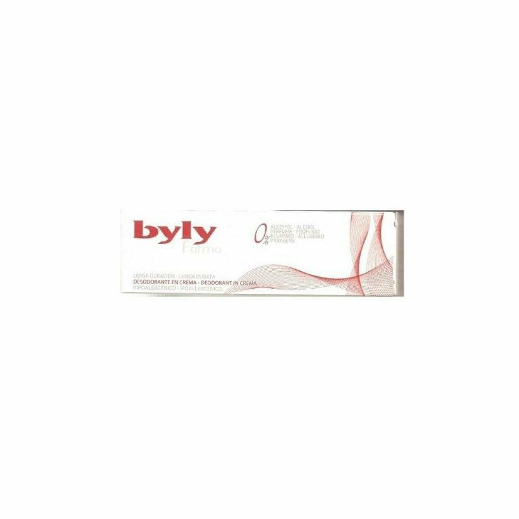 Weißer Karton mit roter Schrift. Oben links steht "byly farma". Darunter "Deodorante in crema". Rechts eine rote Grafik.