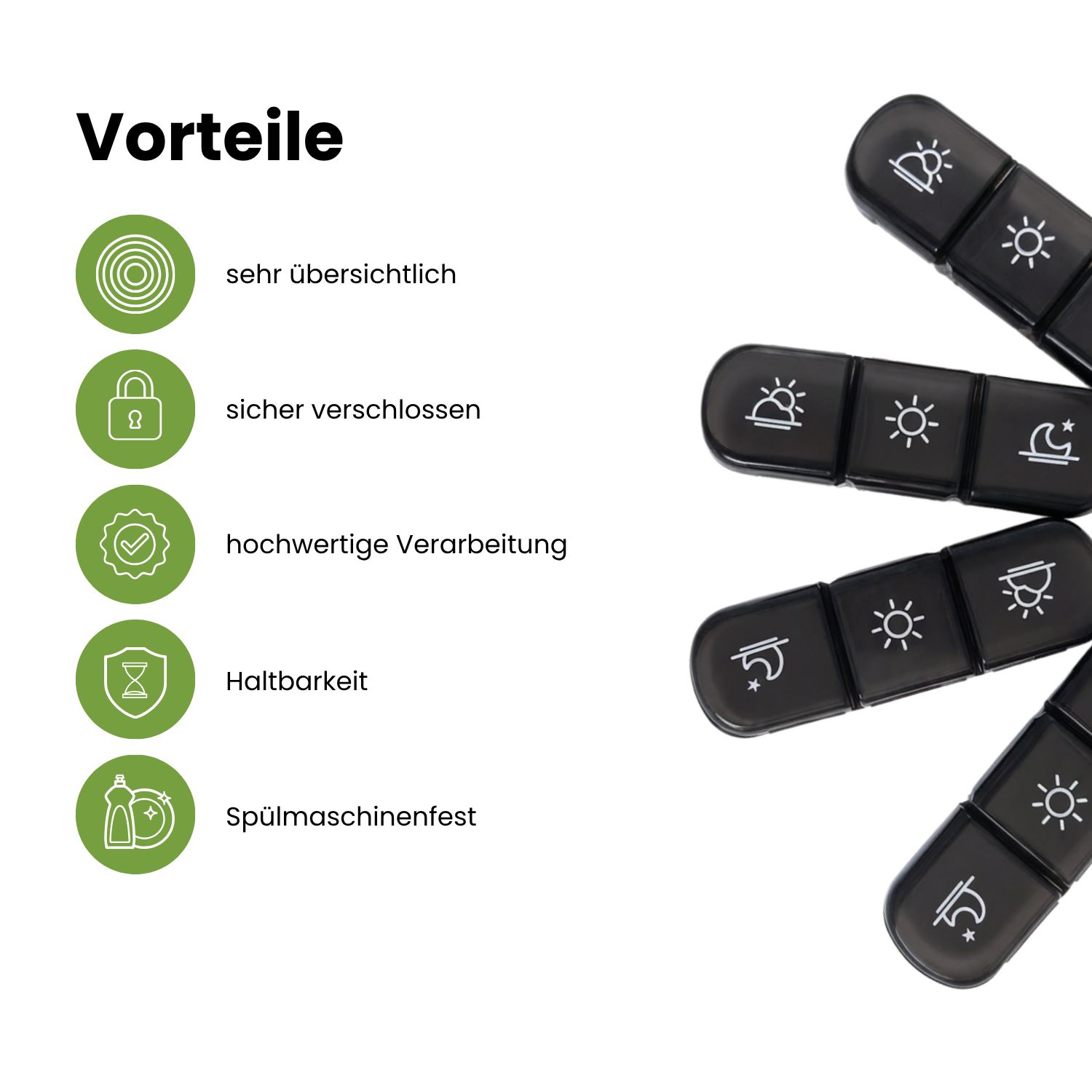 Tablettenbox-Module mit Symbolen für Tageszeiten. Vorteile: übersichtlich, sicher verschlossen, hochwertige Verarbeitung, haltbar, spülmaschinenfest.