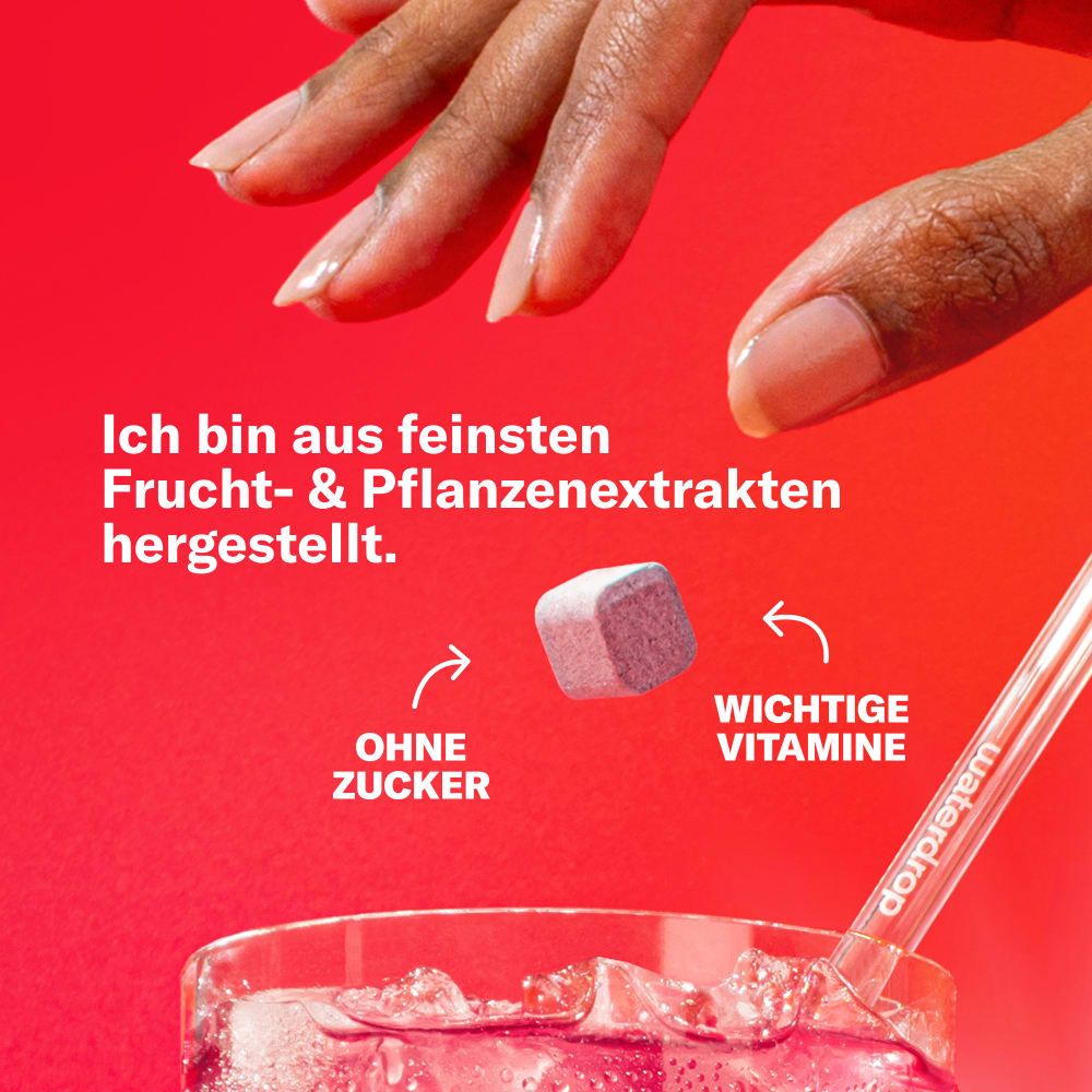 Hand mit Tablette, Glas mit Getränk. Aufschrift: Ohne Zucker, wichtige Vitamine. Wasserdrop Logo. Kirsch-Geschmack.