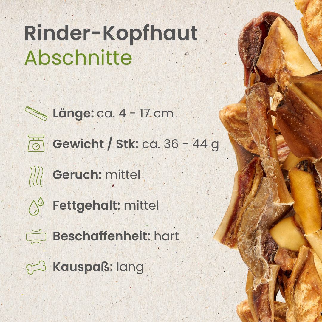 Haufen von getrockneten Rinderkopfhaut-Abschnitten mit Icons und Text über Nährstoffe.