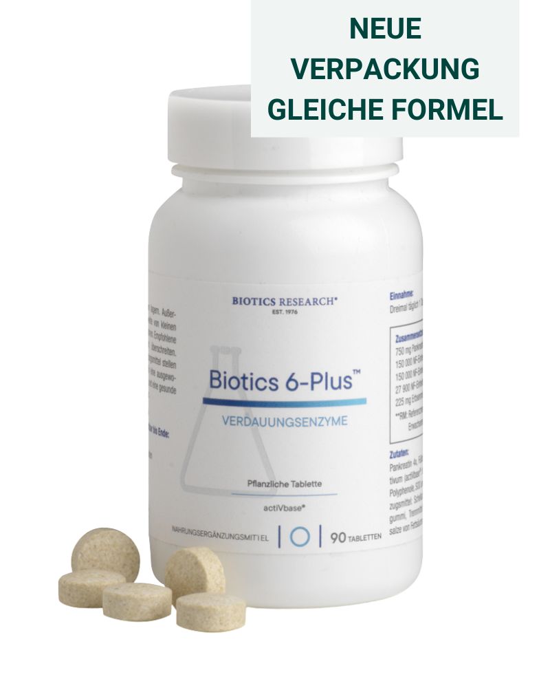 Weiße Flasche BIOTICS 6-PLUS mit Tabletten davor. Blaue Schrift: Verdauungsenzyme. 90 Tabletten. Neue Verpackung, gleiche Formel.