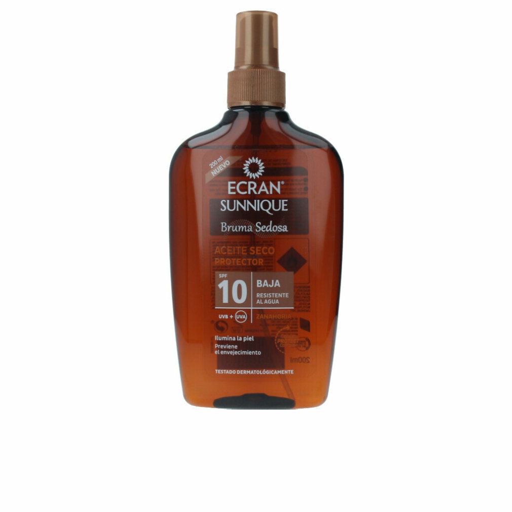 ECRAN SUNNIQUE Bräunungsöl Spray LSF 10. Braune Flasche mit Sprühkopf. Text: Bruma Sedosa, aceite seco protector, SPF 10.