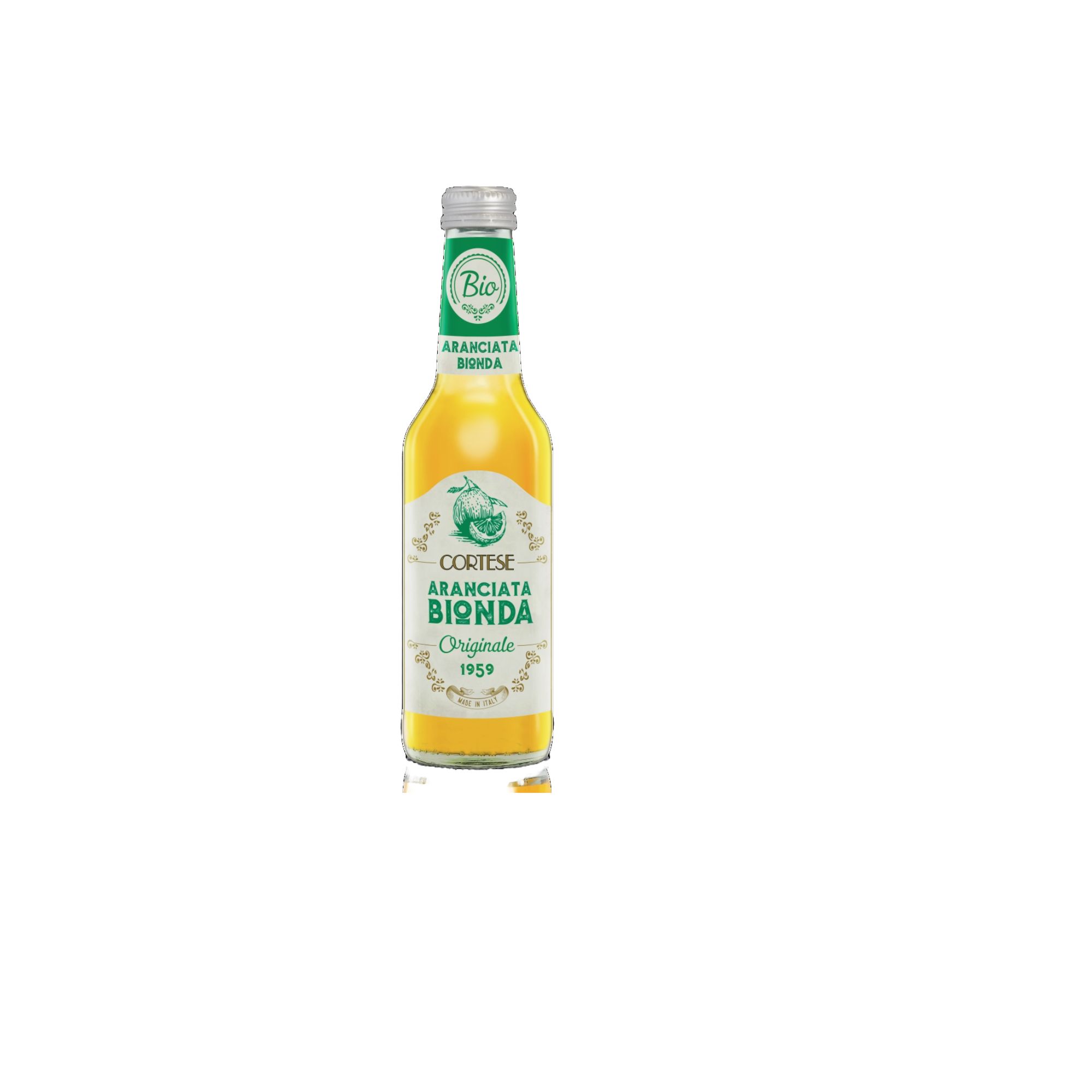 Eine Flasche Cortese Aranciata Bionda. Grün-weißes Etikett mit Bio-Siegel. Silberner Deckel. Flüssigkeit orange.