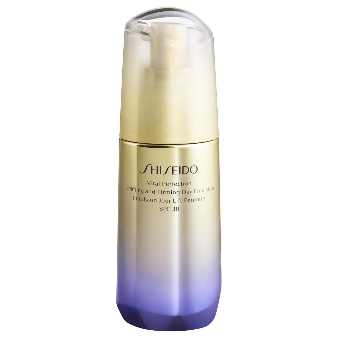 Shiseido Vital Perfection Emulsion. Flasche mit goldfarbenem Deckel und Pumpmechanismus. Farbverlauf von Gold zu Violett.