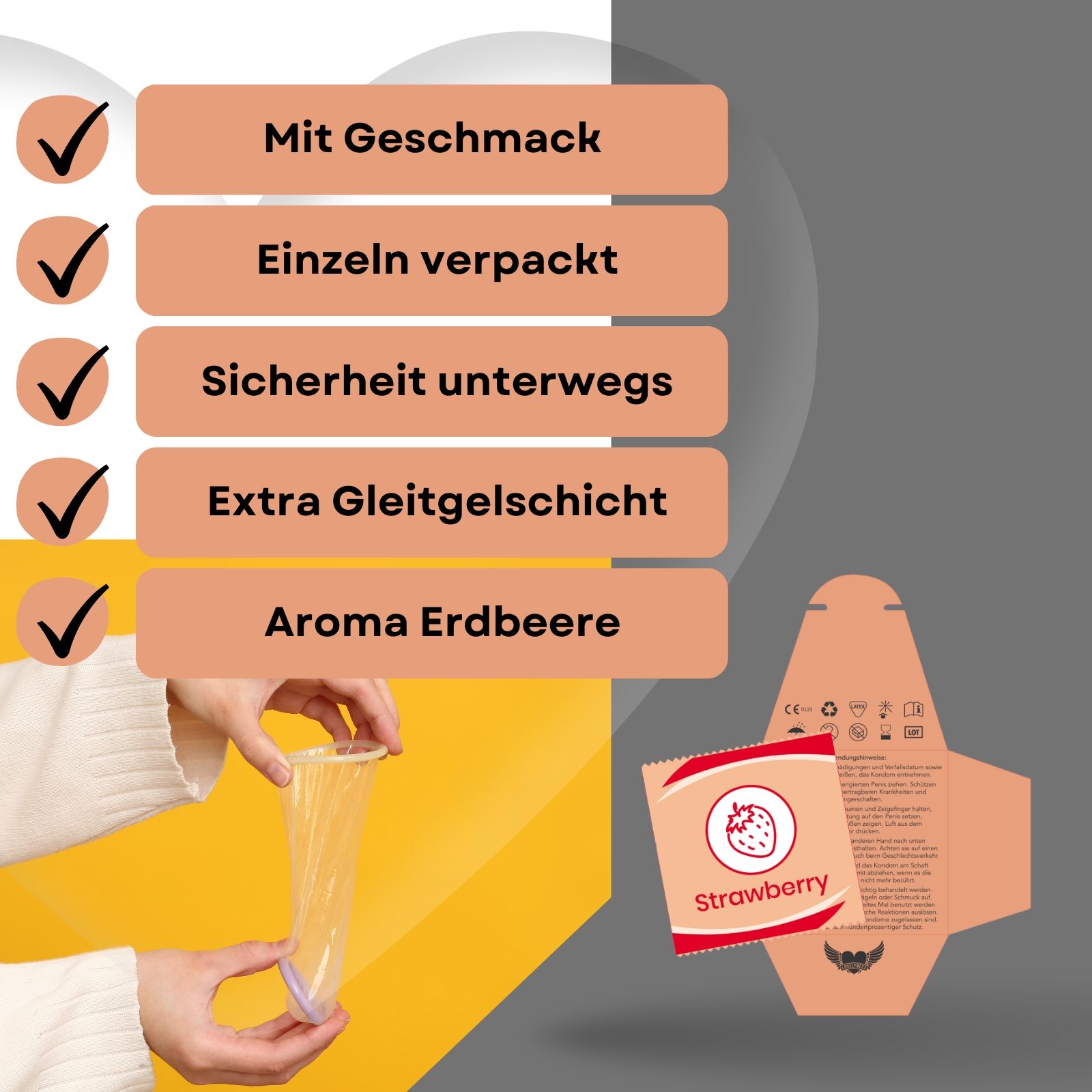 Produktverpackung und Kondom. Text: Mit Geschmack, einzeln verpackt, Sicherheit unterwegs, Aroma Erdbeere.