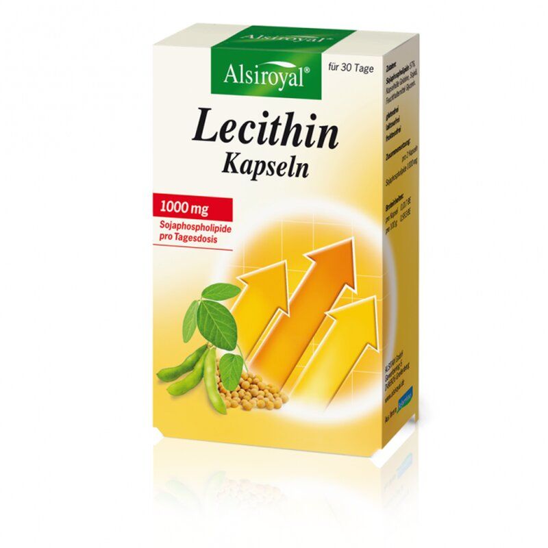 Karton mit Alsiroyal Lecithin Kapseln. Aufschrift: 1000 mg Sojaphospholipide pro Tagesdosis. Abbildung von Sojabohnen und Pfeilen.