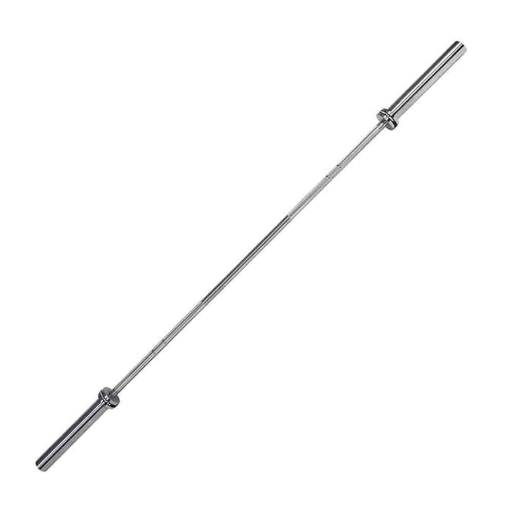 Langhantelstange aus Metall. Silberfarben. Für Gewichtsscheiben. Auf weißem Hintergrund.