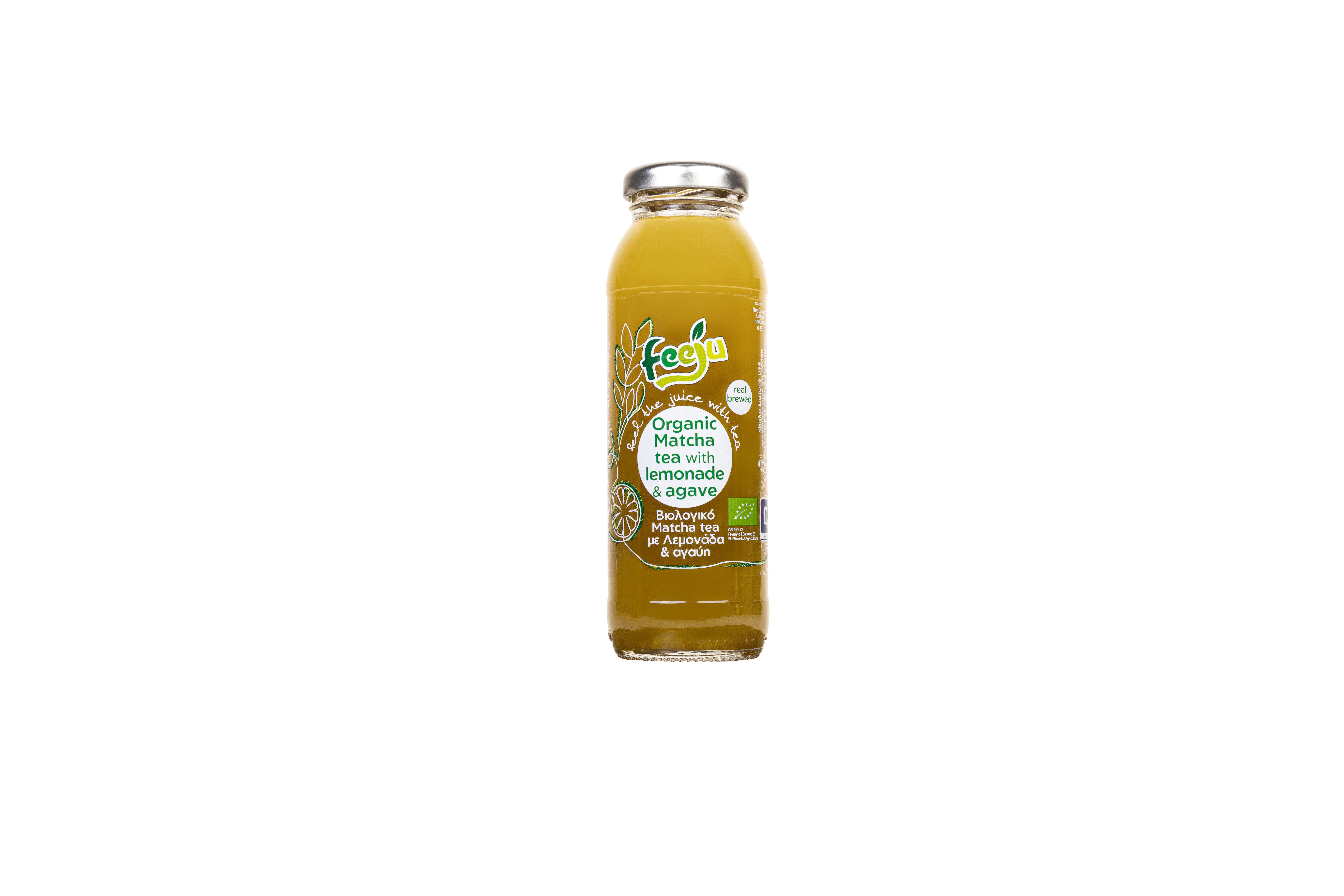 Glasflasche mit gelbem Getränk. Aufschrift: Organic Matcha tea with lemonade & agave. Bio-Siegel.
