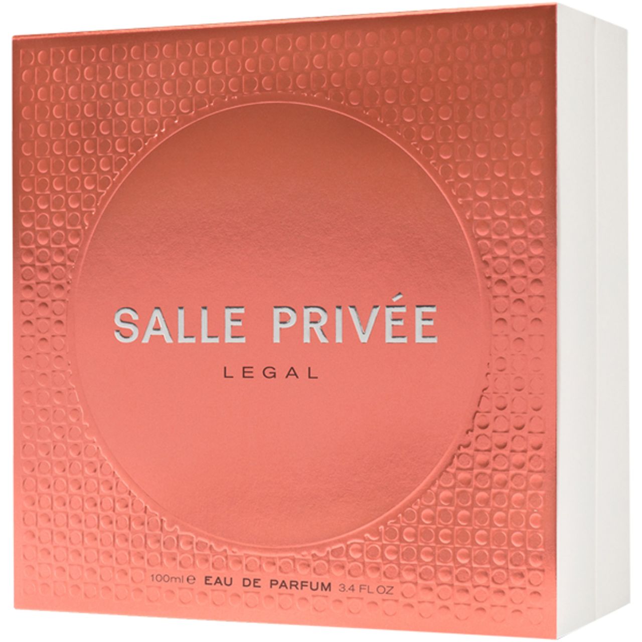 Verpackung mit SALLE PRIVEE, LEGAL. Aufschrift: 100ml Eau de Parfum, 3.4 FL.OZ. Rosa-goldene Oberfläche.