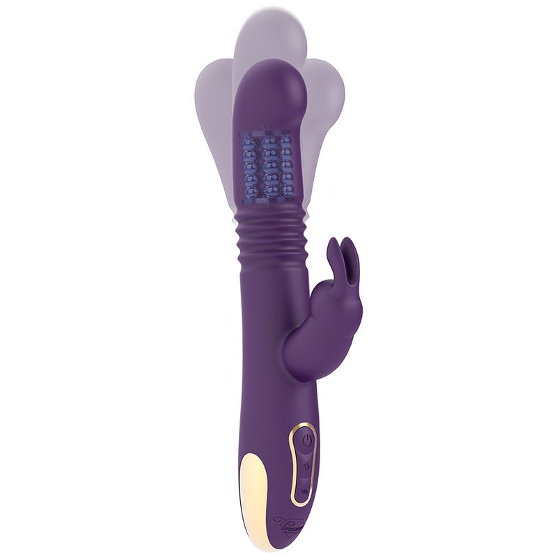 Lila Vibrator mit Kaninchenohren und geriffelter Oberfläche. Goldfarbene Akzente. Bedienfeld mit Knöpfen.