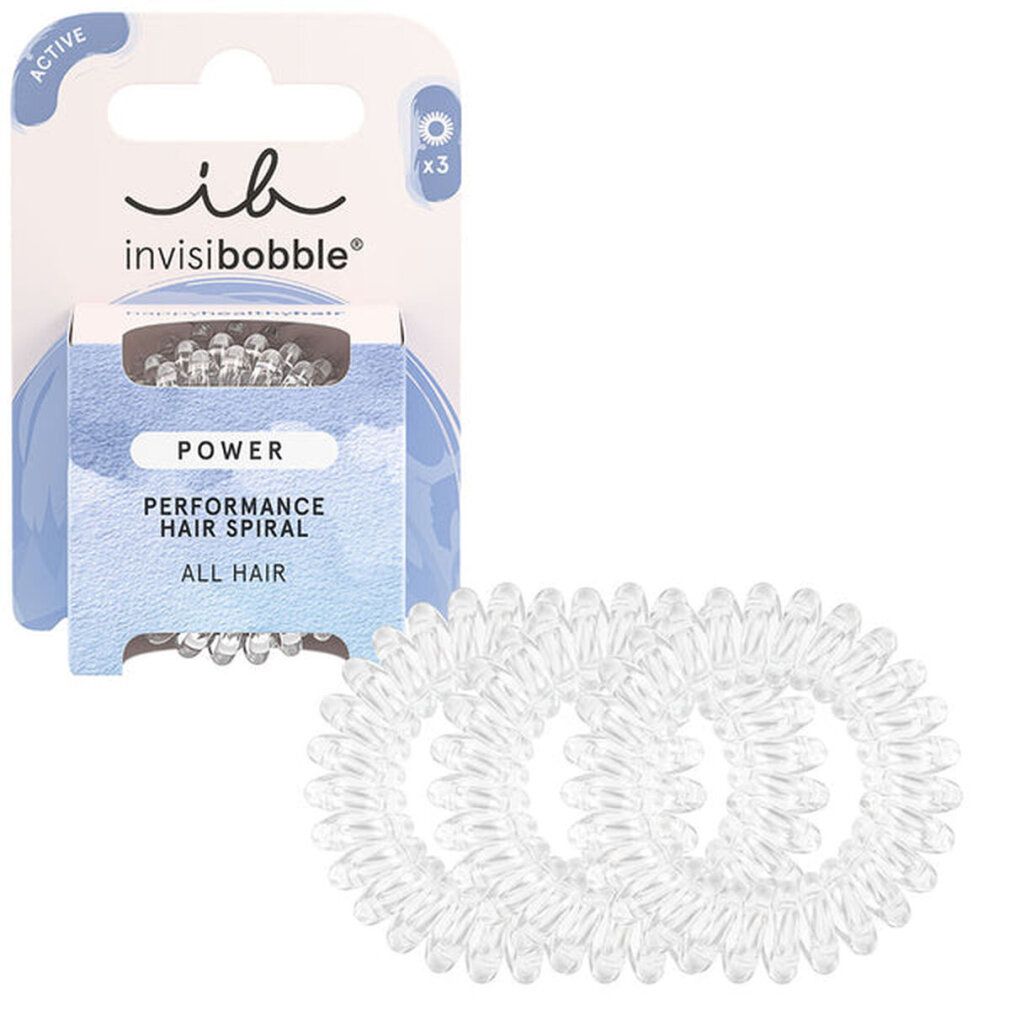 Drei transparente Haargummi-Spiralen und Verpackung. Marke: invisibobble.