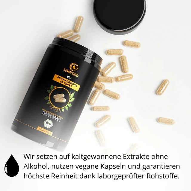 SUNNAFRUCHT BIO Ashwagandha Extrakt Kapseln, vegan, laborgeprüft, aus kaltgewonnenen Extrakten.