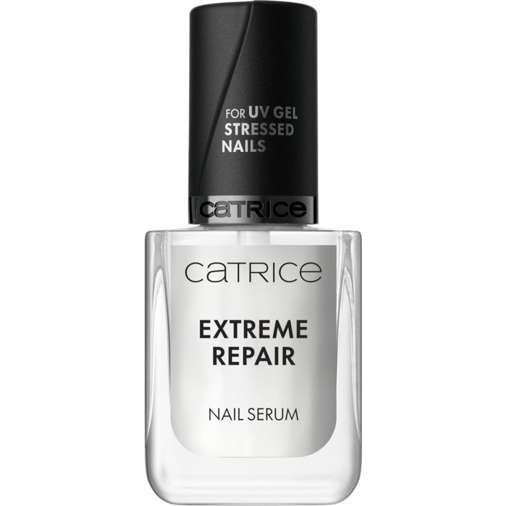 Catrice Extreme Repair Nagel-Serum. Klare Glasflasche mit schwarzem Deckel. Text: Extreme Repair, Nail Serum. Für UV Gel Nägel.