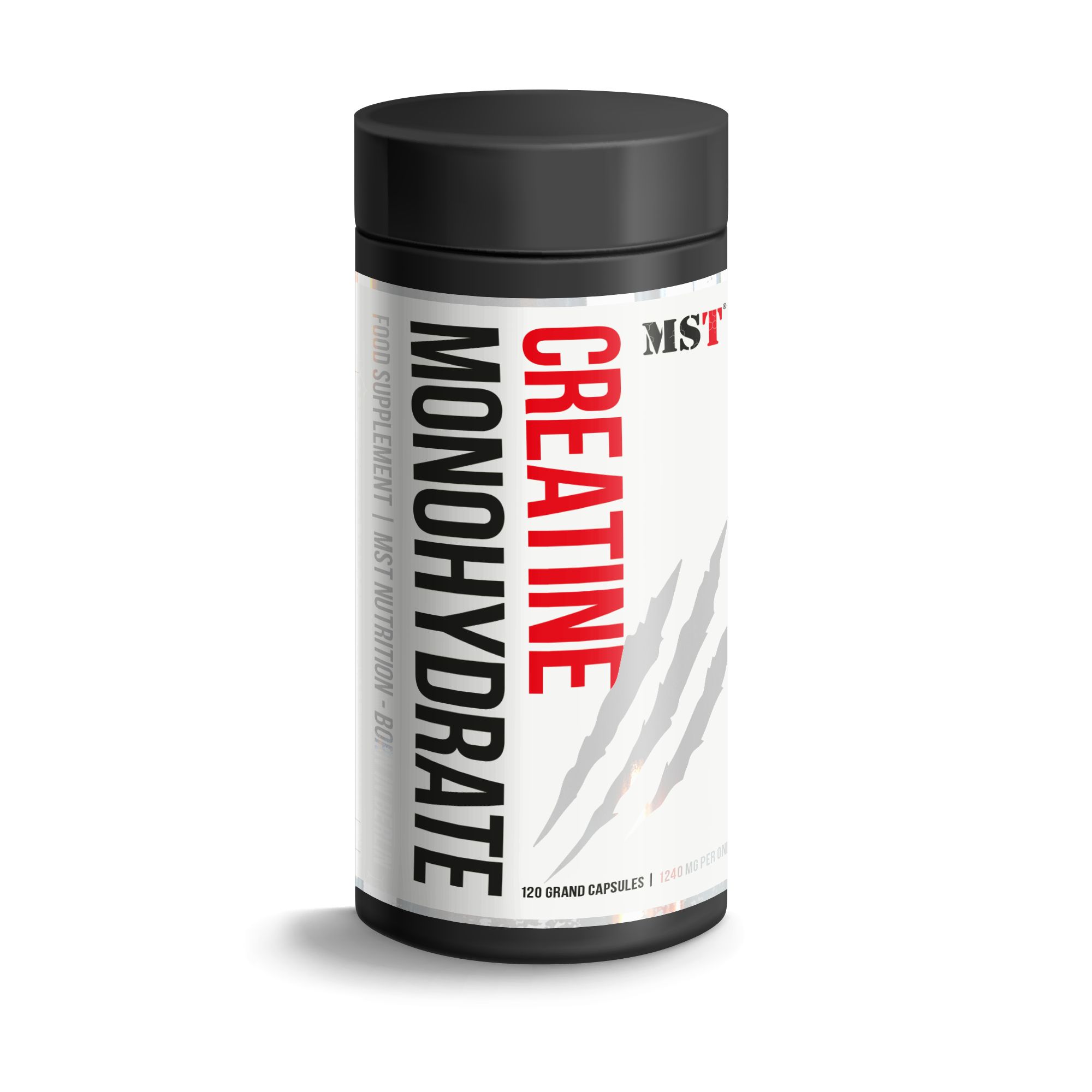 Zylindrische Dose mit schwarzem Deckel. Aufschrift: MST, Creatine Monohydrate. Enthält 120 Kapseln. Weißes Etikett mit Kratzspuren.