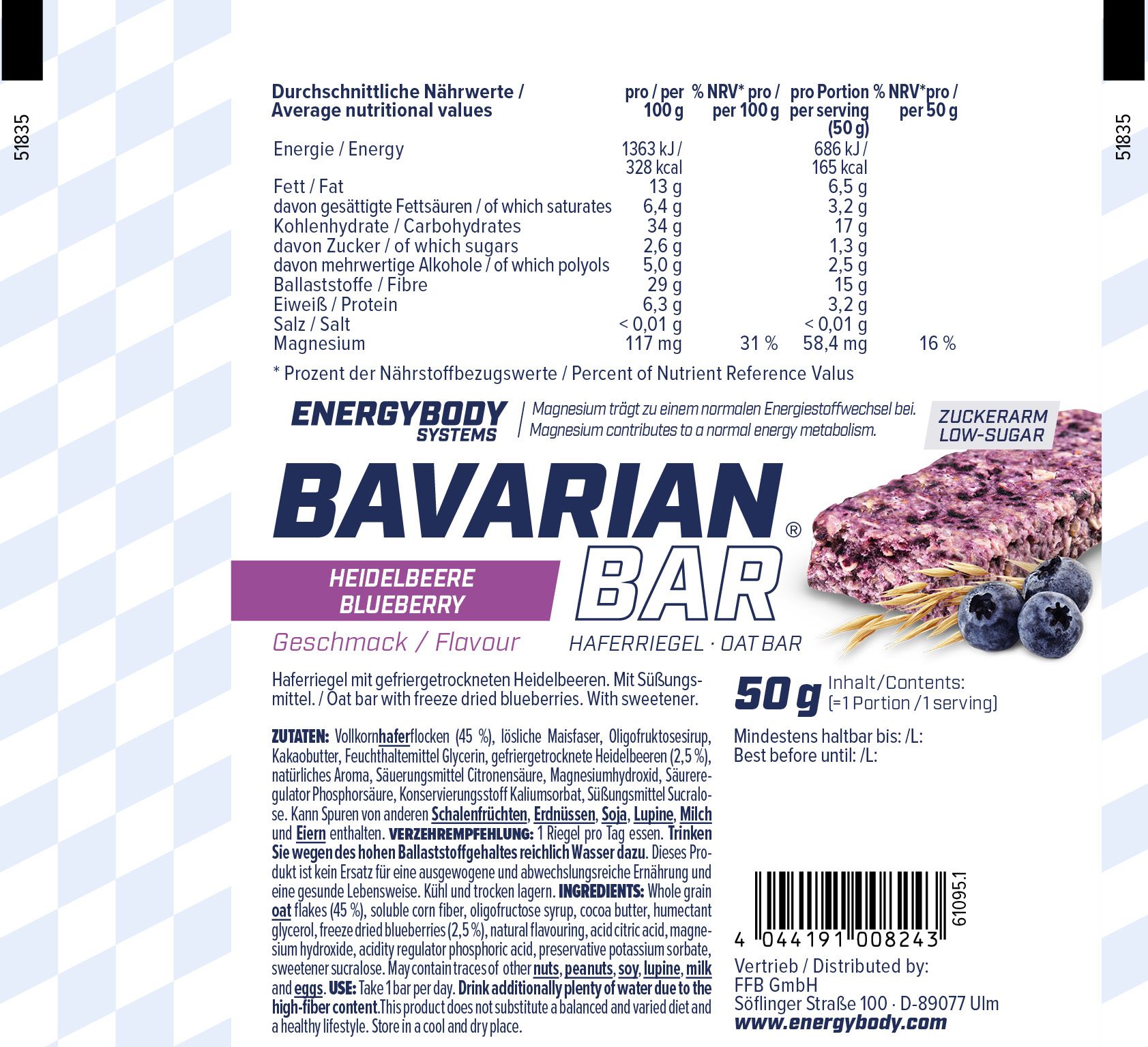 Energybody Bavarian Bar, Heidelbeere, 50g. Nährwertangaben. Text: Haferriegel, zuckerarm, Low-Sugar. Blaubeeren und Produktabbildung.