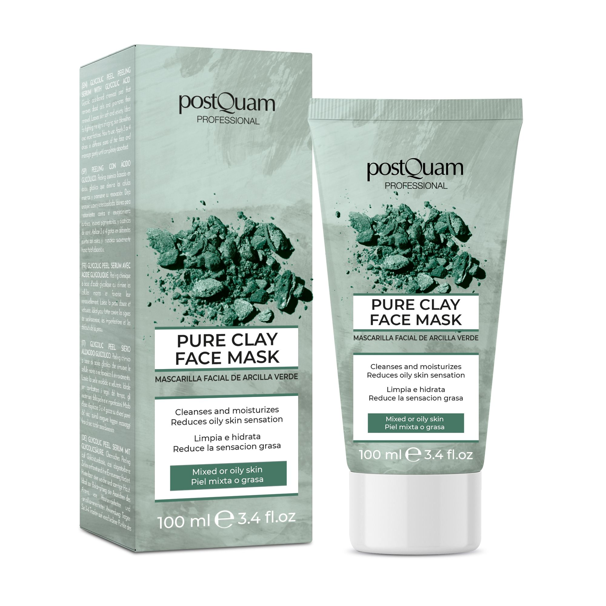 Grüne Tonerdemaske in Tube und Schachtel. Text: Pure Clay Face Mask, reinigt und befeuchtet, reduziert fettige Haut. 100 ml.