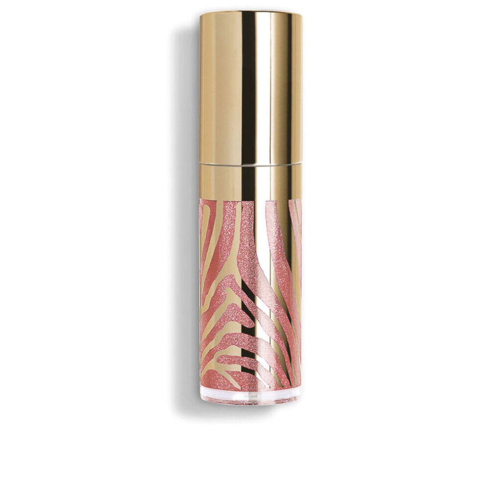 Lipgloss-Flakon mit goldfarbenem Deckel. Der transparente Behälter zeigt ein rosa Zebra-Muster. Der Lipgloss ist sichtbar.