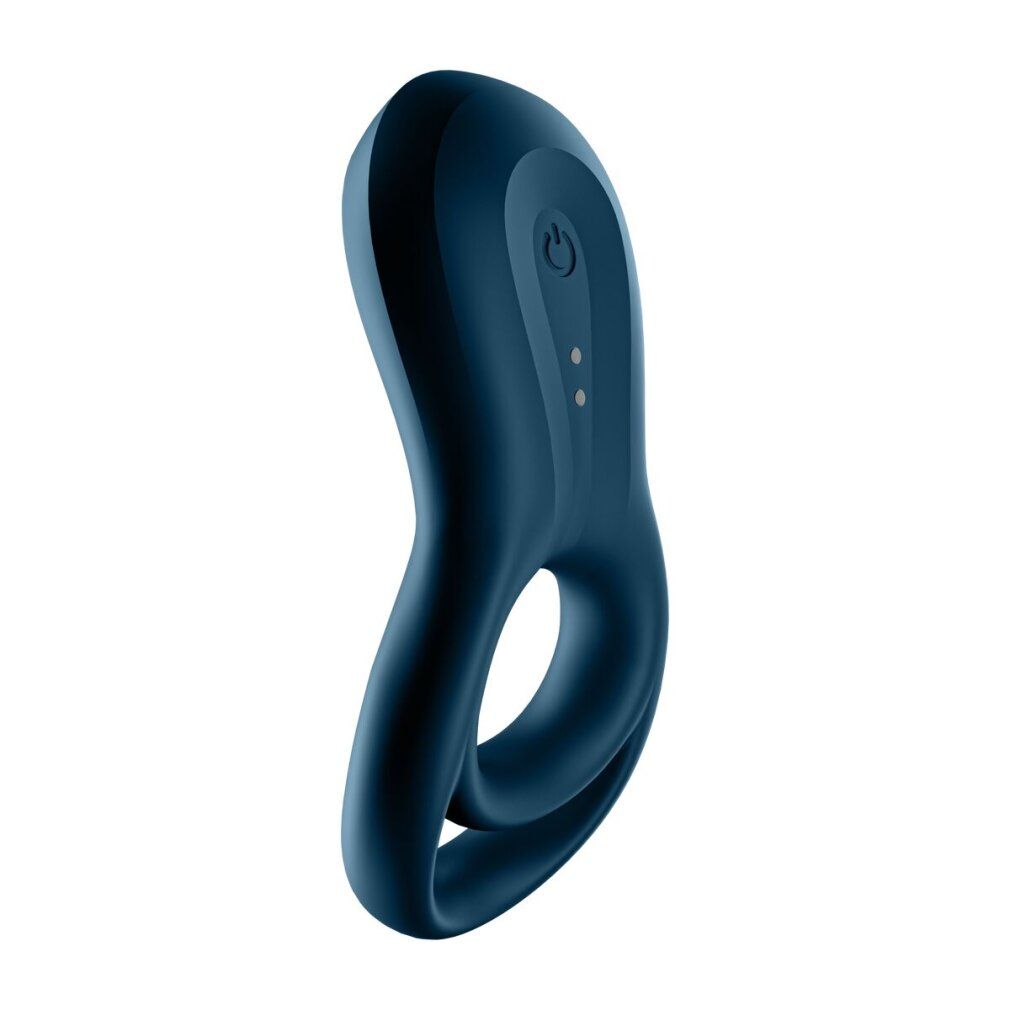 Dunkelblauer Ringvibrator. Mit Ein-/Ausschalter und zwei Kontrollleuchten. Doppelschleifen-Design.