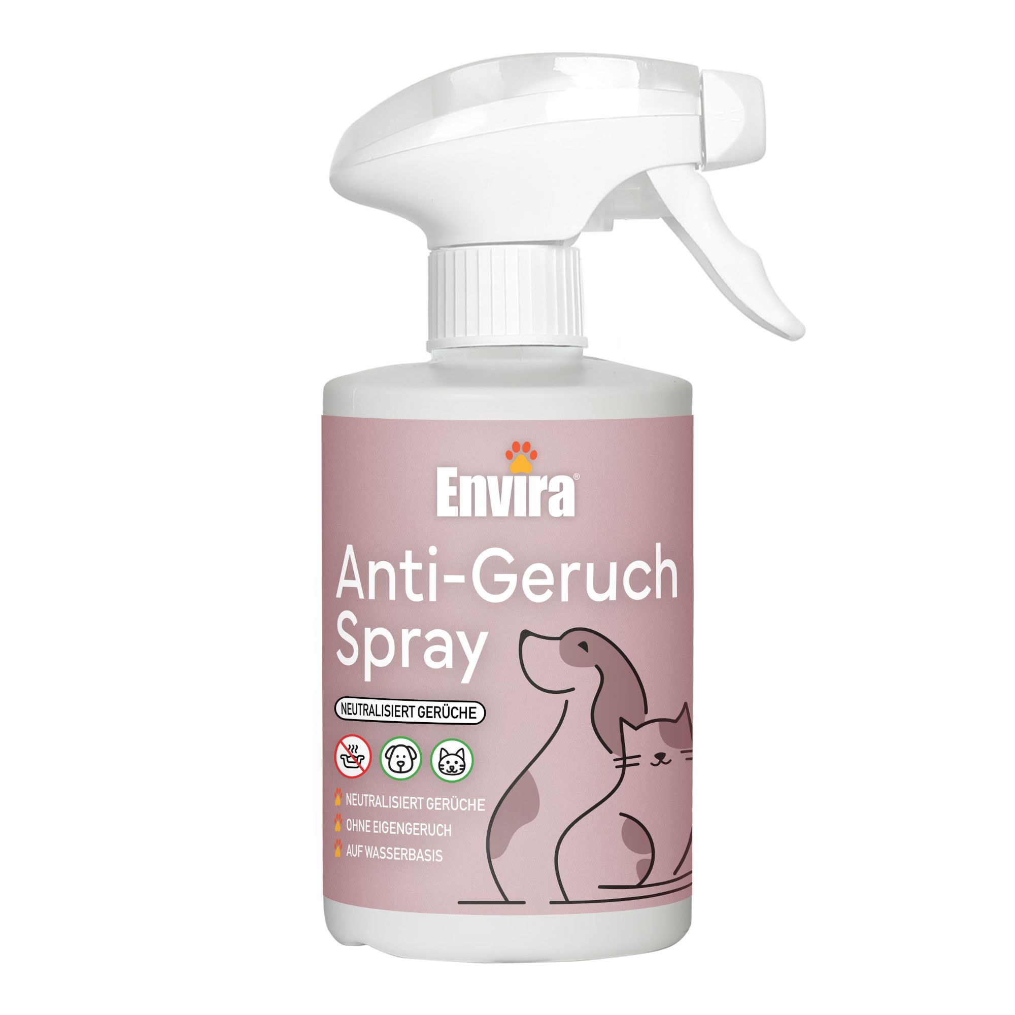 Sprühflasche mit weißem Sprühkopf und rosa Etikett. Aufschrift: Anti-Geruch Spray. Illustration von Hund und Katze.