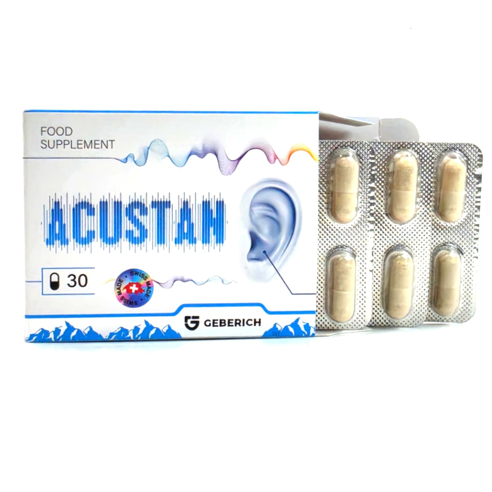 Acustan Kapseln Verpackung und Blisterpackung mit 30 Kapseln, entwickelt von Geberich.