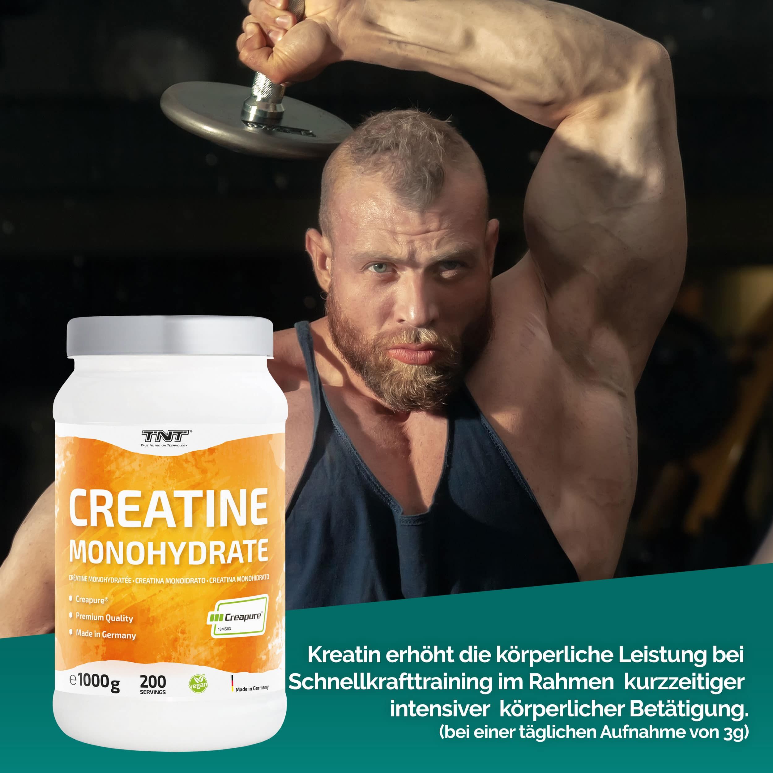 Mann mit Hantel neben Dose TNT Creatine Monohydrate Creapure®. Text: Kreatin erhöht die körperliche Leistung.