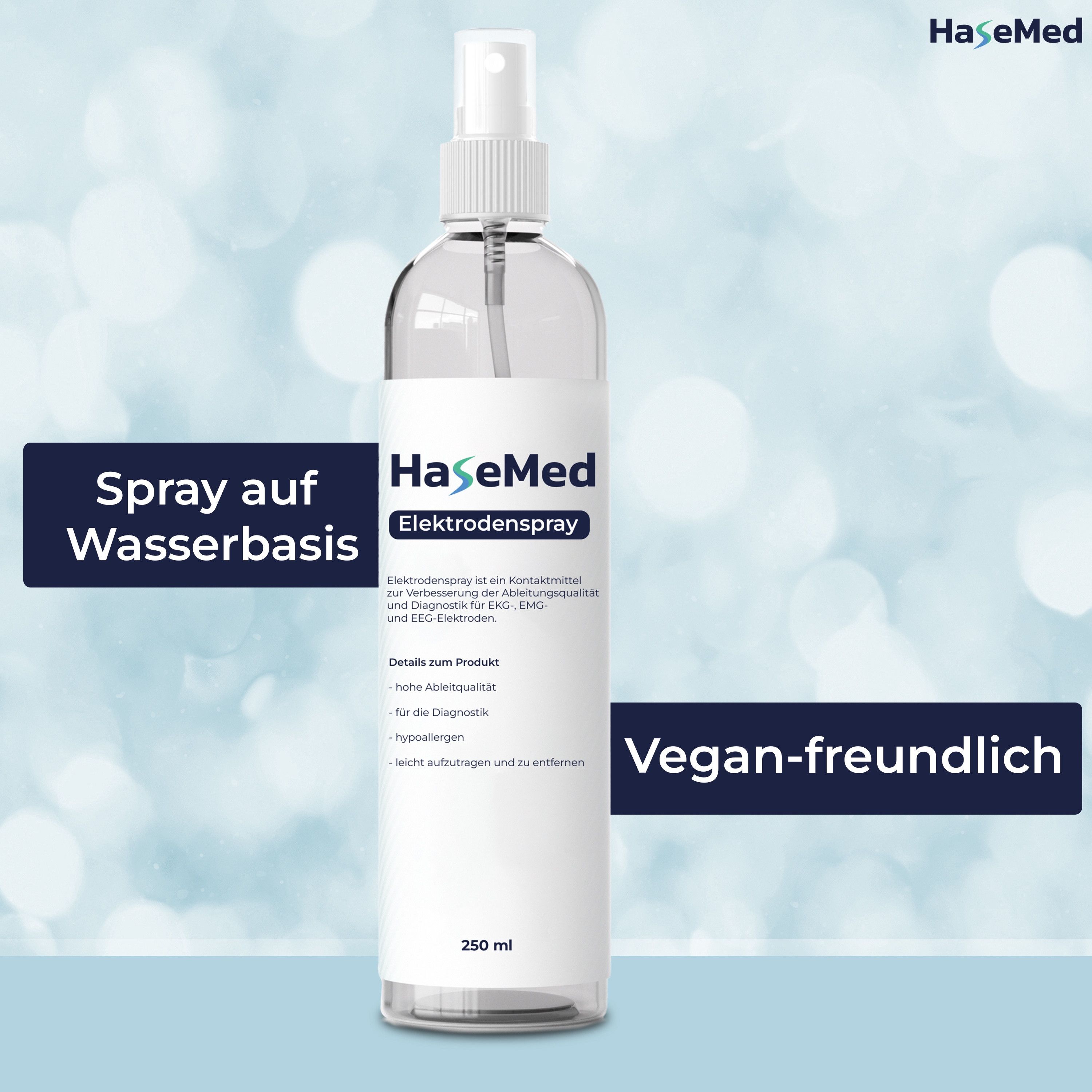 HaseMed Elektrodenspray. Transparente Sprühflasche mit weißem Etikett. Text: Elektrodenspray, 250 ml. Text: Spray auf Wasserbasis, vegan-freundlich.