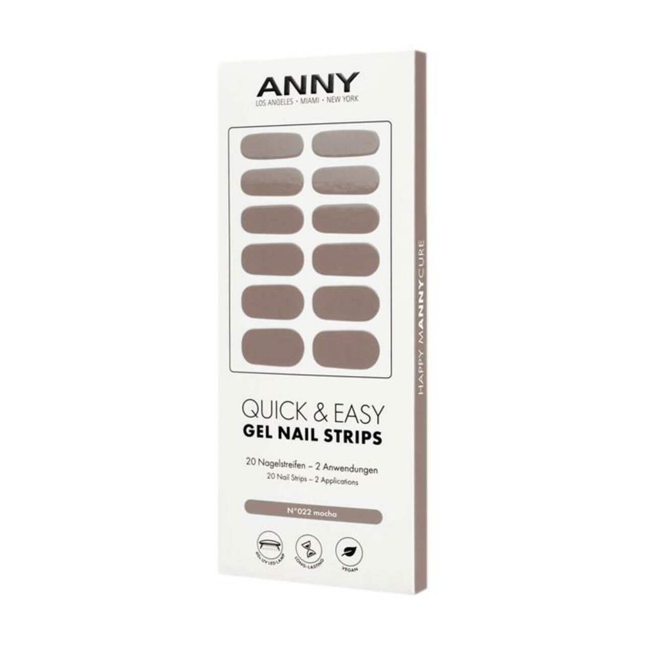Verpackung mit ANNY Quick & Easy Gel Nail Strips. 20 Nagelstreifen, Farbe: Mokka. Aufdrucke: Marke, Produktname, Anwendungsanzahl.