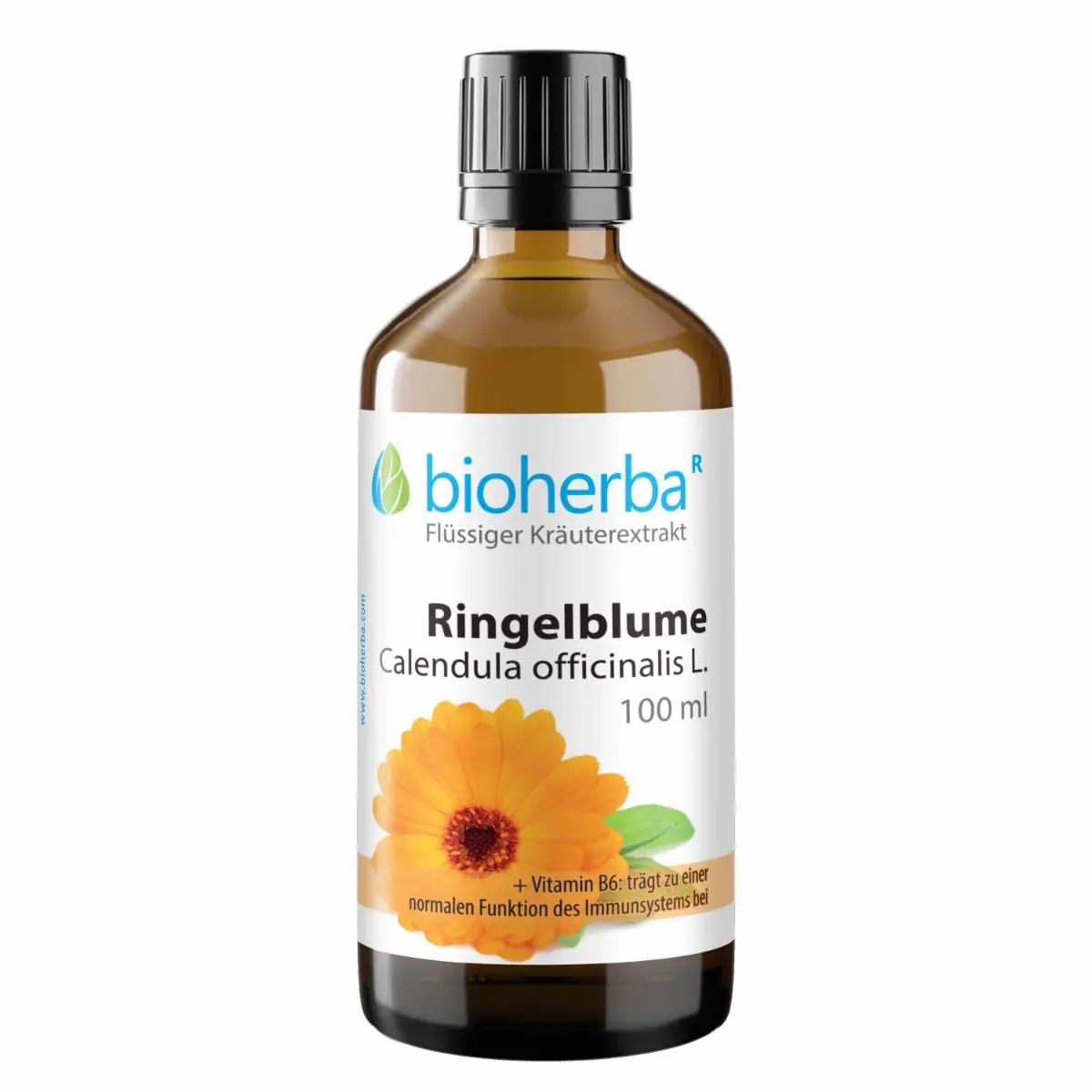 Braune Glasflasche mit schwarzem Deckel. Etikett mit Bioherba Logo, Ringelblume, und Text. Gelbe Blume abgebildet.