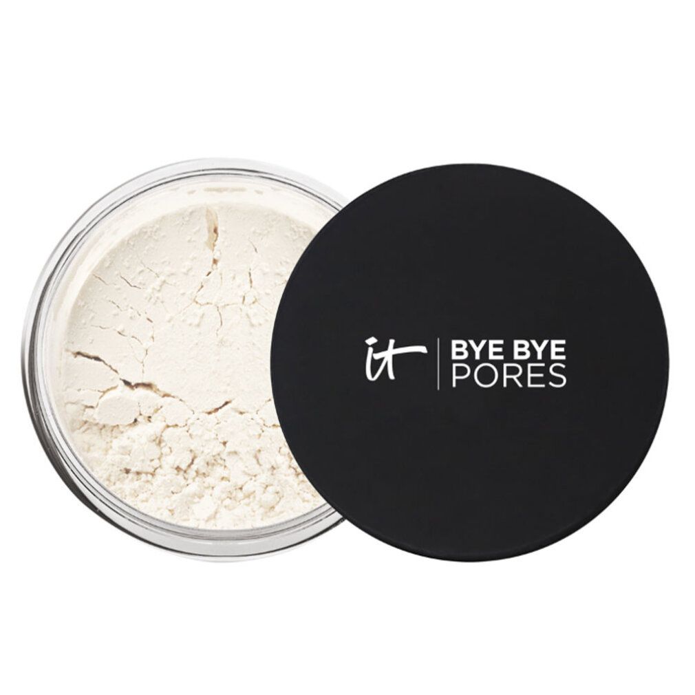Runder, transparenter Tiegel mit schwarzem Deckel. Auf dem Deckel steht "it BYE BYE PORES". Das Puder ist sichtbar.