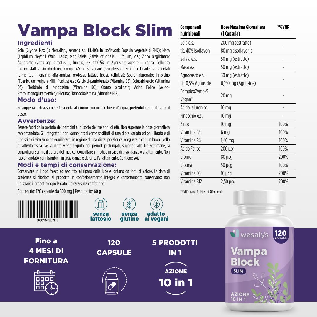 Produktflasche mit Text: Vampa Block SLIM, 120 Capsule, 5 Prodotti in 1, Azione 10 in 1. Zutatenliste und Nährwertangaben.