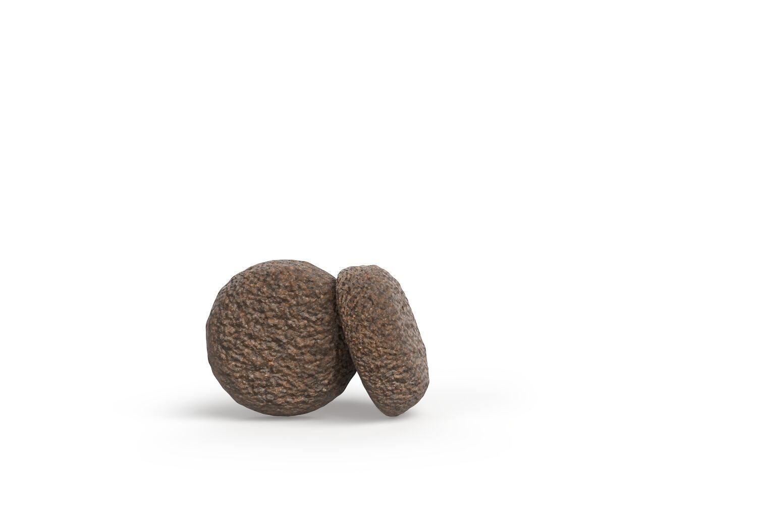 Zwei braune, runde Kroketten. Rauhe Oberfläche. Auf weißem Hintergrund.