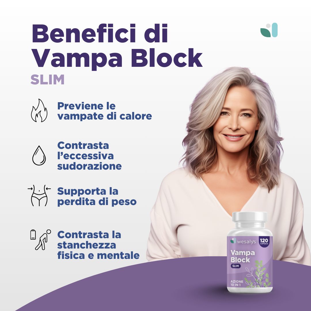 Frau mit Flasche. Text: Benefici di Vampa Block SLIM, Previeni le vampate di calore, Contraste l'eccessiva sudorazione, Supporta la perdita di peso.