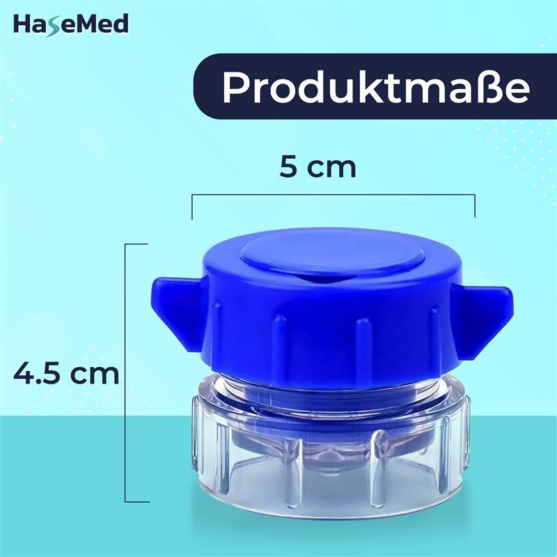 Tablettencrusher mit blauem Deckel und transparentem Behälter. Produktmaße: 5 cm x 4,5 cm. Marke: HaseMed.