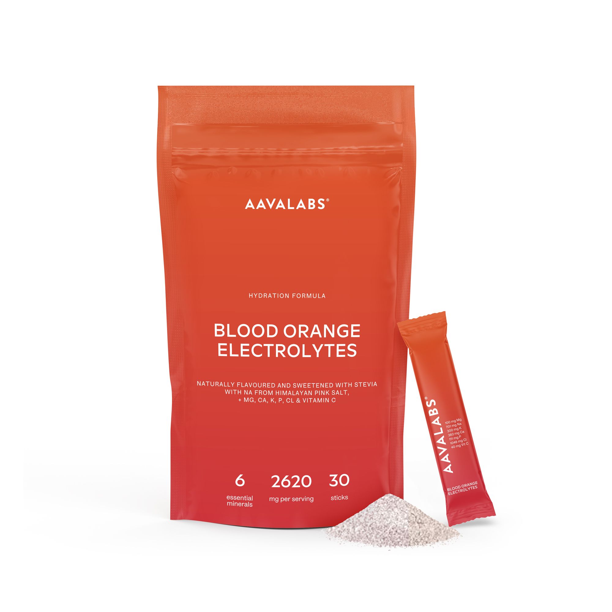 Aavalabs Elektrolyt Pulver Blutorange | Magnesium, Kalium & Vitamin C Zuckerfreie Sticks 30 St zur Herstellung einer Susp. zum Einnehmen