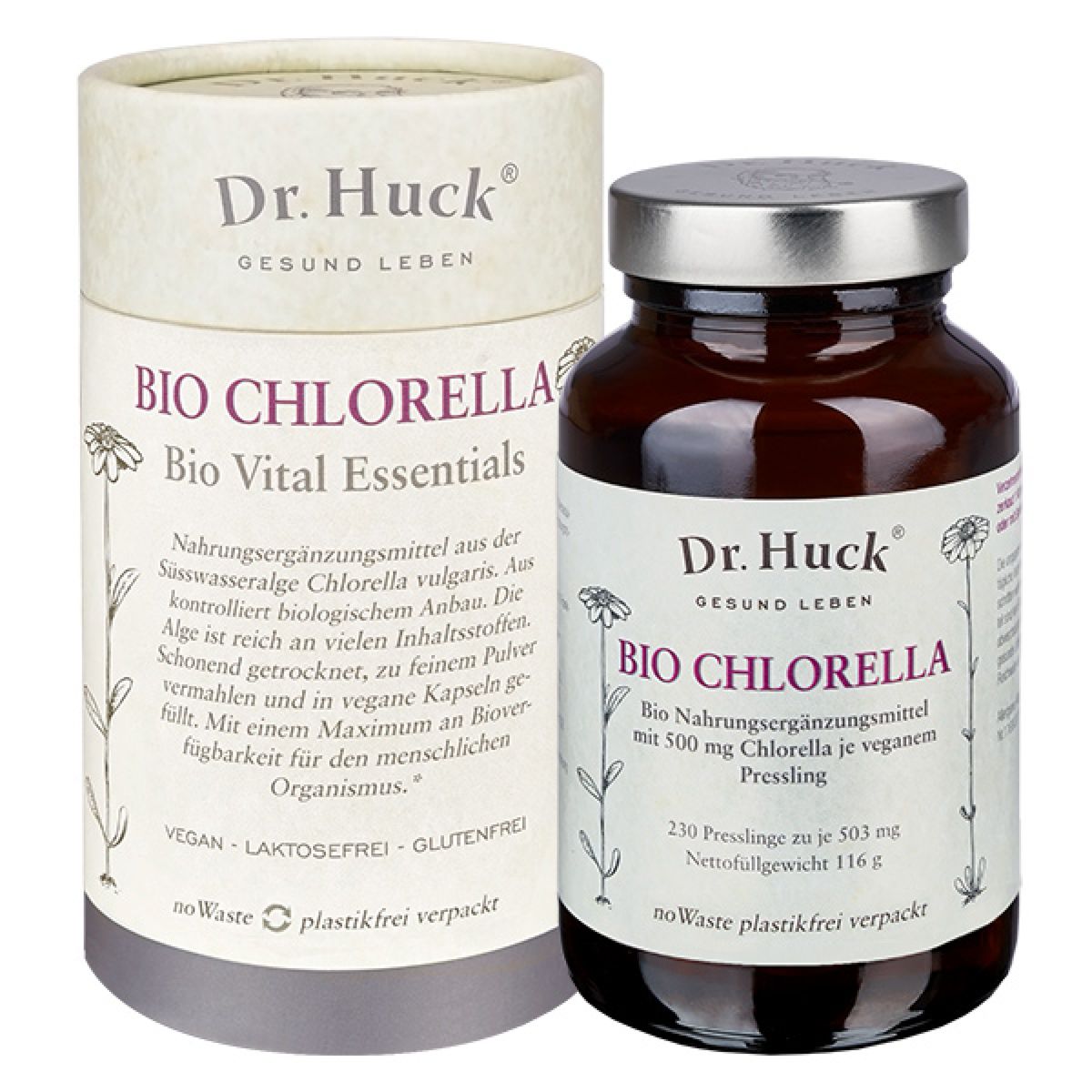Flacon en verre brun et boîte en carton avec inscription BIO CHLORELLA. Vegan, sans lactose, sans gluten. 230 comprimés.