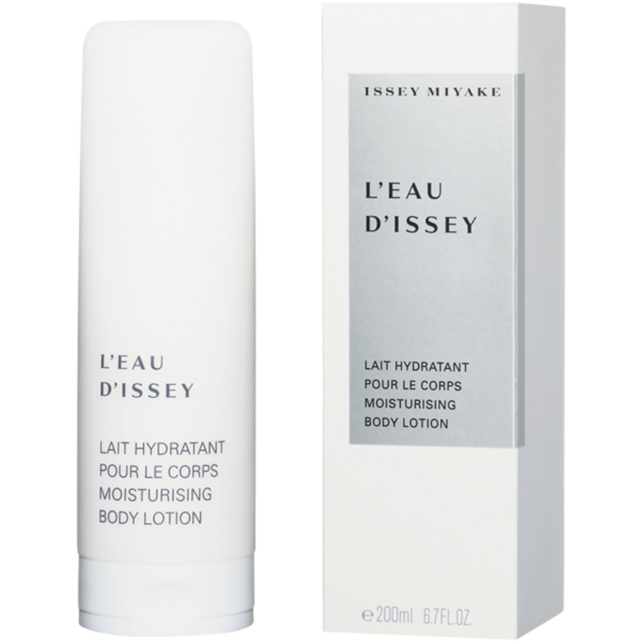 Weiße Körperlotion-Tube und Verpackung. Text: ISSEY MIYAKE, L'EAU D'ISSEY, LAIT HYDRATANT POUR LE CORPS, MOISTURISING BODY LOTION.