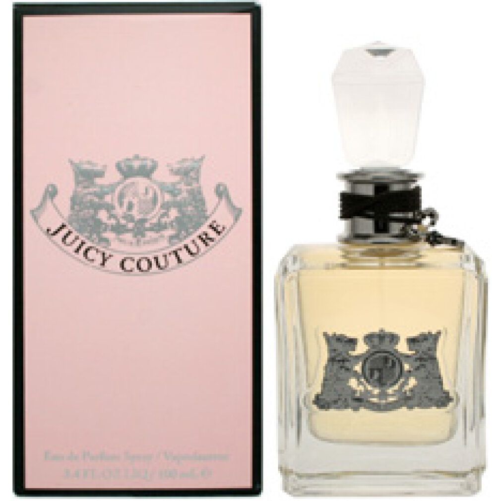 Rosa Schachtel und Parfumflakon. Flakon mit silberfarbenem Verschluss und schwarzem Band. Logo Juicy Couture.