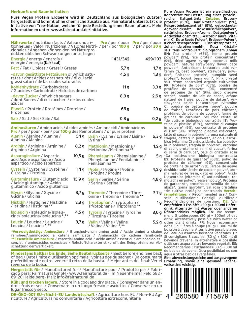 Rückseite der FAIRNATURAL Bio Vegan Protein Pulver Verpackung mit Nährwertangaben und Zutatenliste in mehreren Sprachen.