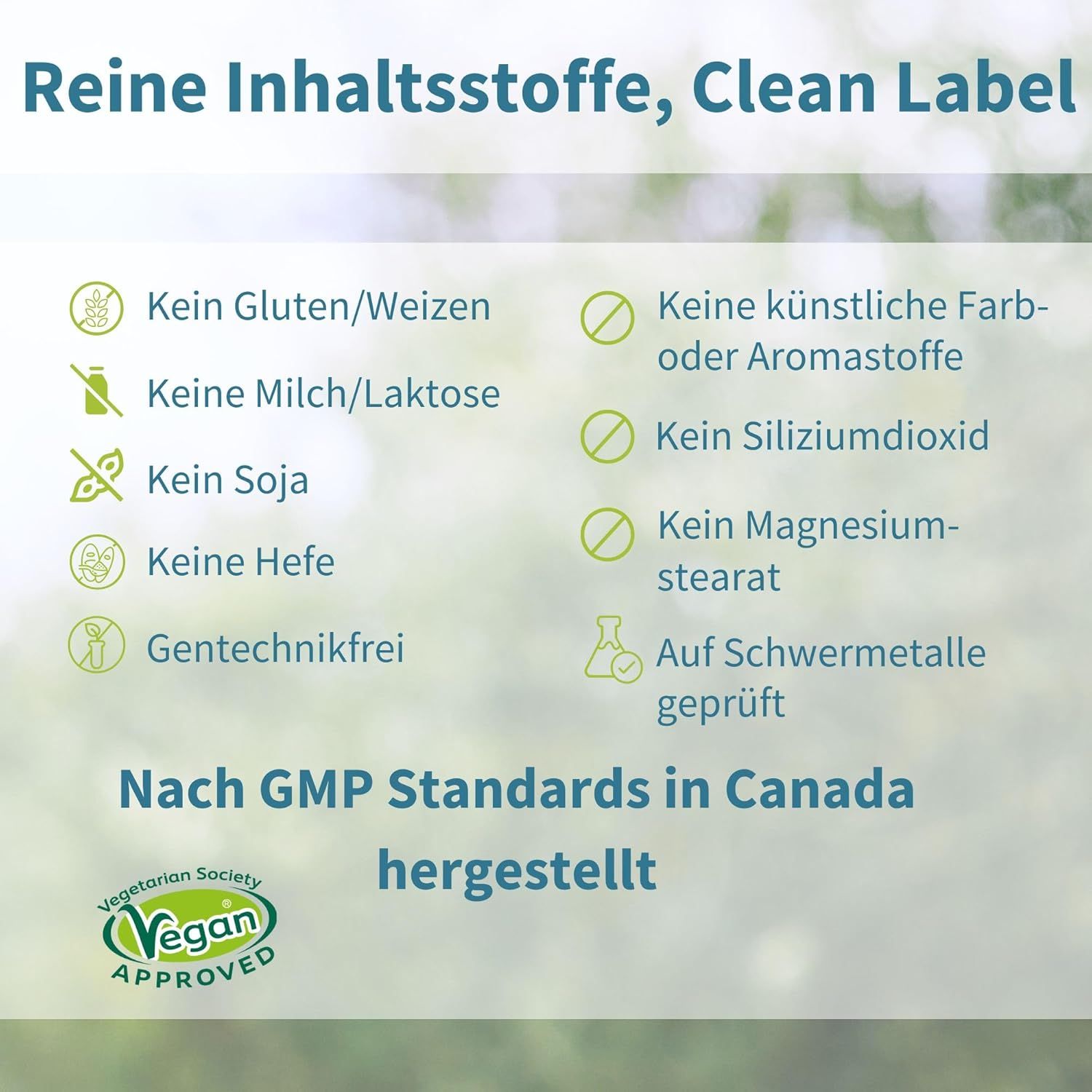 Text: Reine Inhaltsstoffe, Clean Label. Keine Gluten/Weizen, Milch/Laktose, Soja, Hefe. Vegan. GMP-Standards.