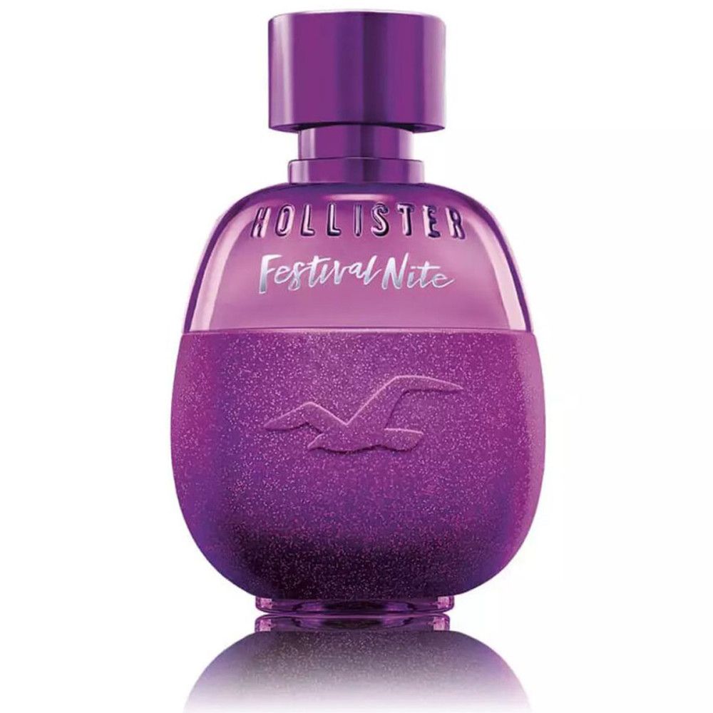 Lila Flakon. Aufschrift: Hollister Festival Nite. Flakon mit Sprühkopf. Logo: Möwe.