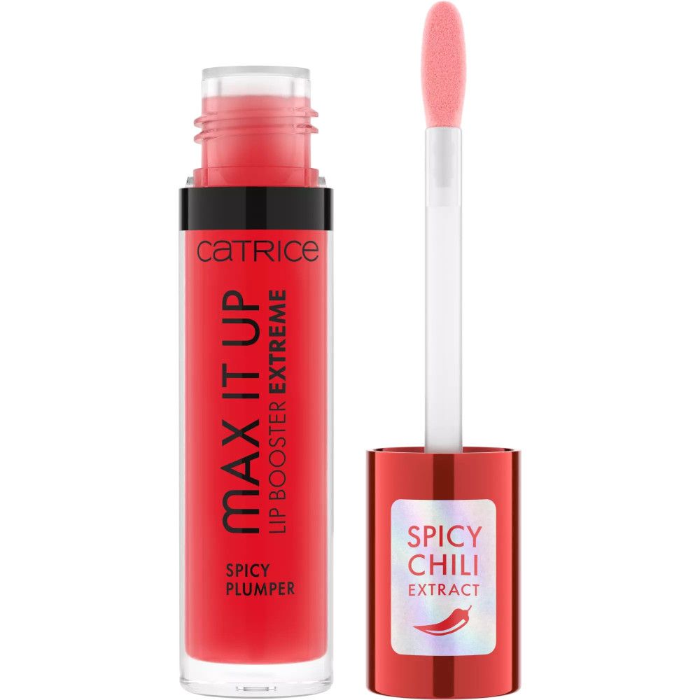 Catrice Max It Up Lip Booster Extreme in roter Verpackung mit Applikator. Enthält Spicy Chili Extract.