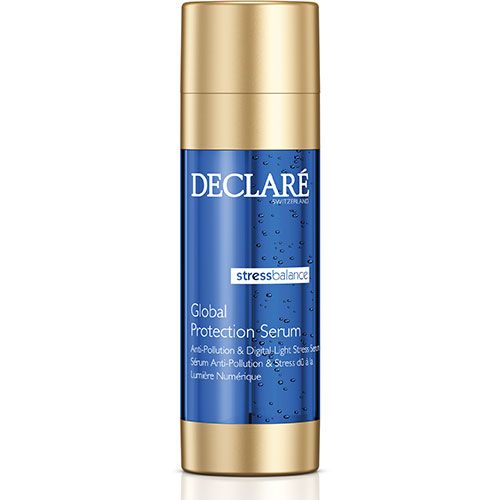 Blau-goldene Serumflasche. DECLARÉ-Logo, 'stressbalance' und 'Global Protection Serum' Schriftzug. Anti-Pollution & Digital-Light Stress Serum.