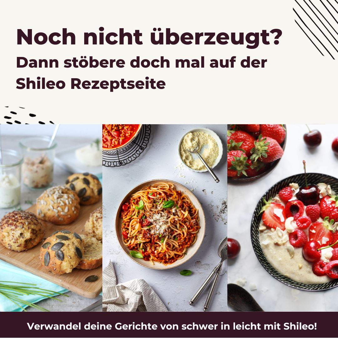 Drei Teller mit Gerichten. Brot, Spaghetti und ein Gericht mit Erdbeeren. Text: Verwandle deine Gerichte von schwer in leicht mit Shileo!