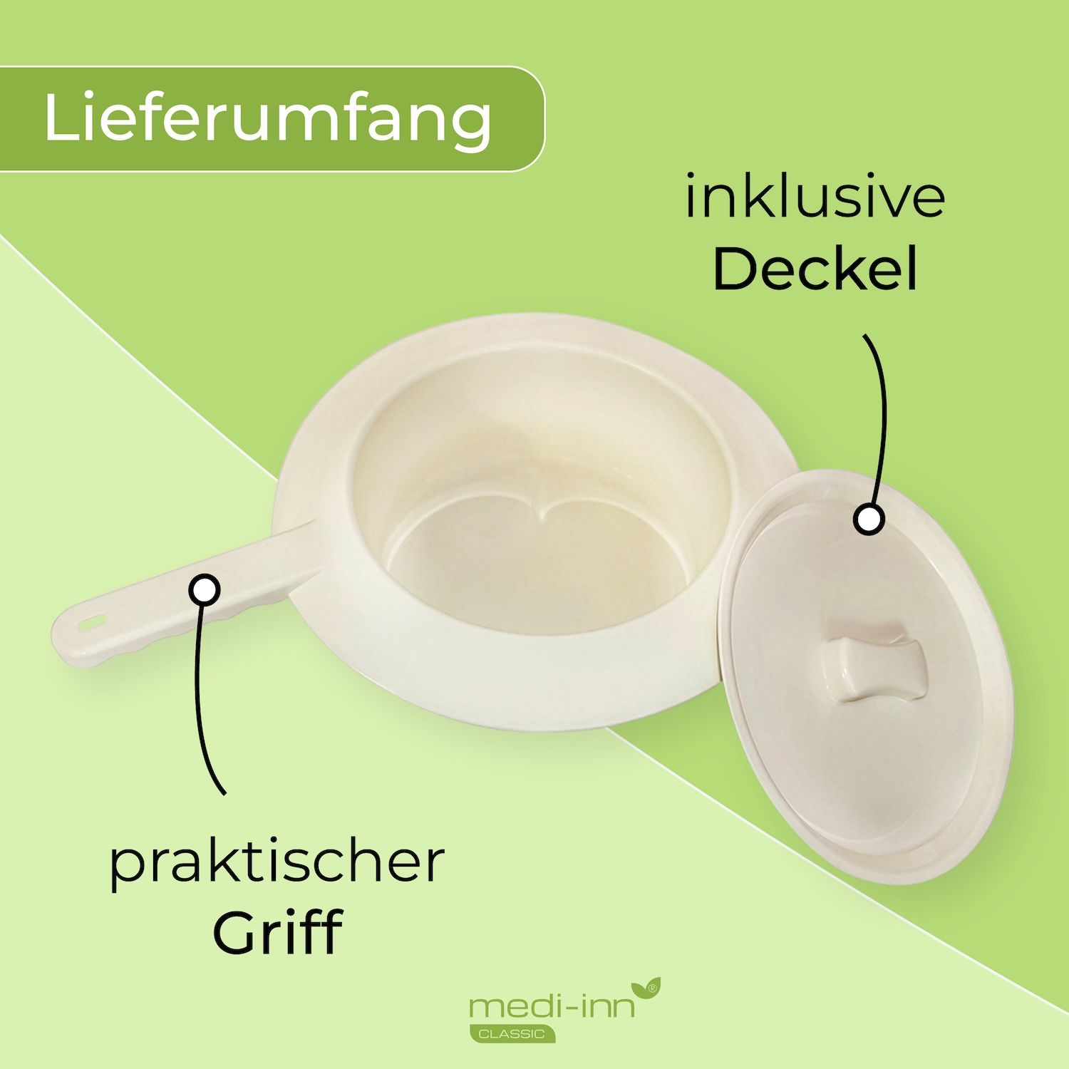 Bettpfanne aus Kunststoff mit abnehmbarem Deckel und praktischem Griff.
