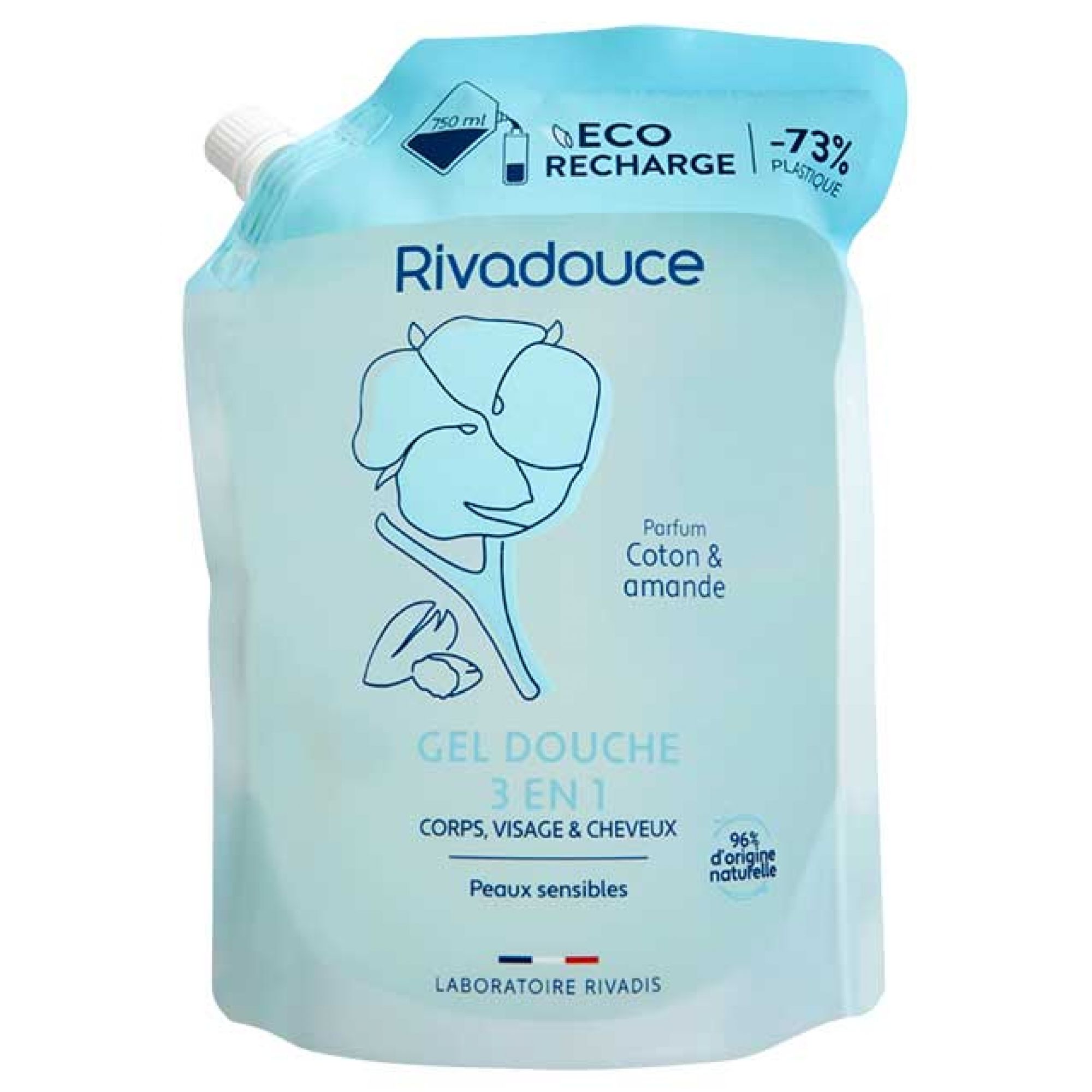 Rivadouce 3-in-1 Duschgel Baumwolle & Mandel Eco-Nachfüllpackung 7x15x22 cm