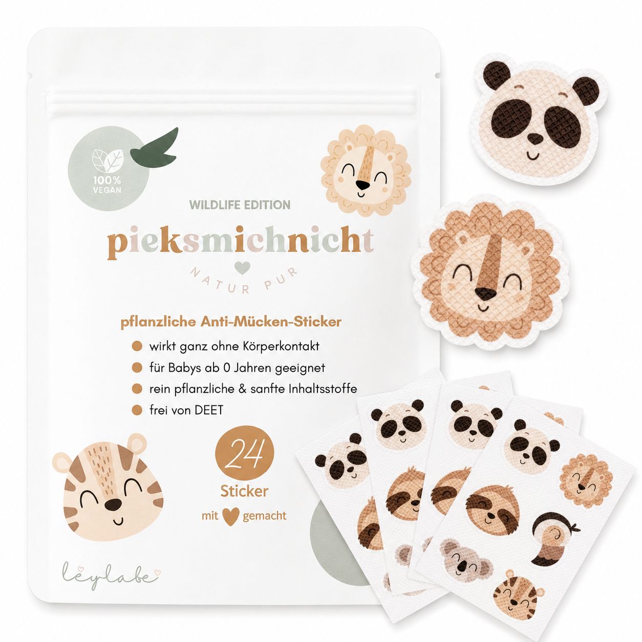 Produktverpackung mit Stickern. Aufkleber mit Tiergesichtern: Panda, Löwe, Faultier, Koala und Tiger. Aufschrift: Wildlife Edition.