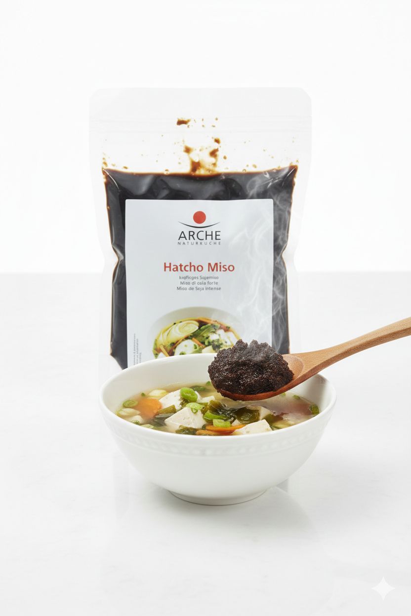 Arche Hatcho Miso Paste in einem Beutel, Löffel mit Paste über einer Schüssel Miso-Suppe.