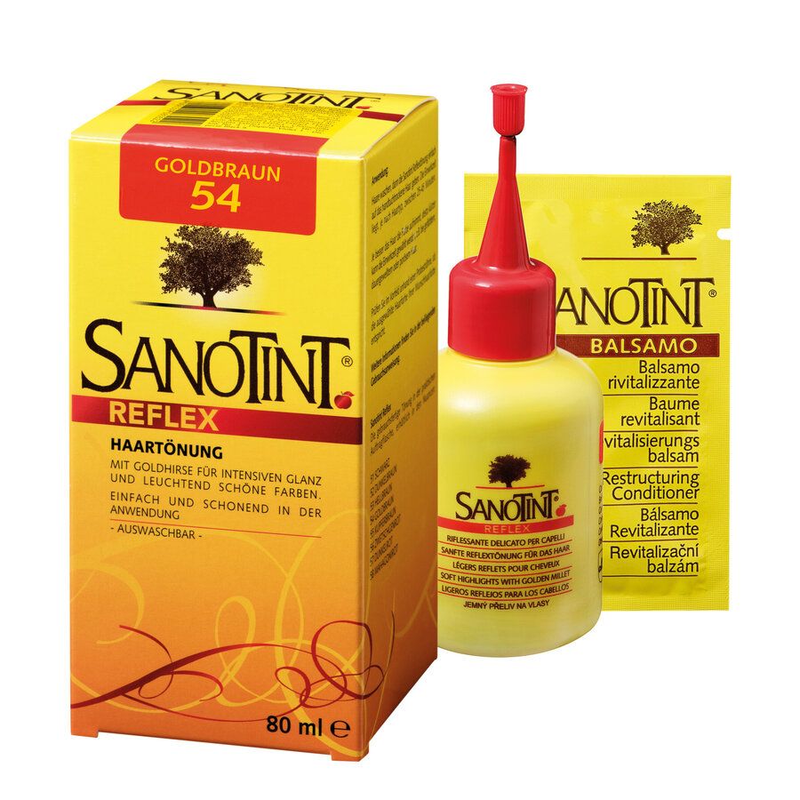 Gelbe Verpackung mit Produktnamen und Farbton. Eine Flasche und ein Beutel mit Balsam. Aufschrift: Sanotint Reflex Haartönung Goldbraun 54.