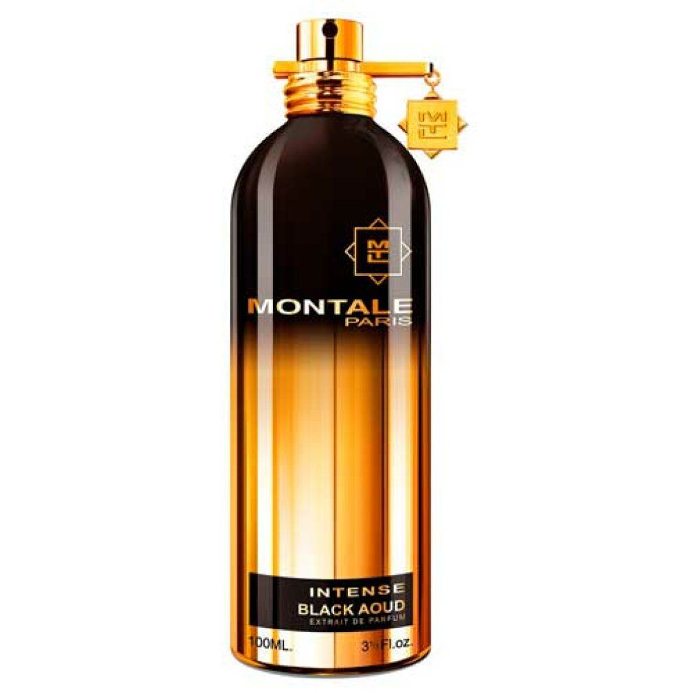 Schwarzer Flakon mit goldfarbenem Farbverlauf. Aufschrift: Montale Paris, Intense Black Aoud. Goldfarbener Verschluss und Anhänger.